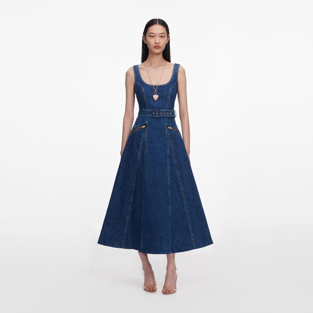 self portrait Denim Flared Belted Midi Dress CLOTHING