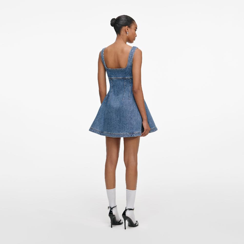 Self Portrait Denim Flared Logo Mini Dress CLOTHING