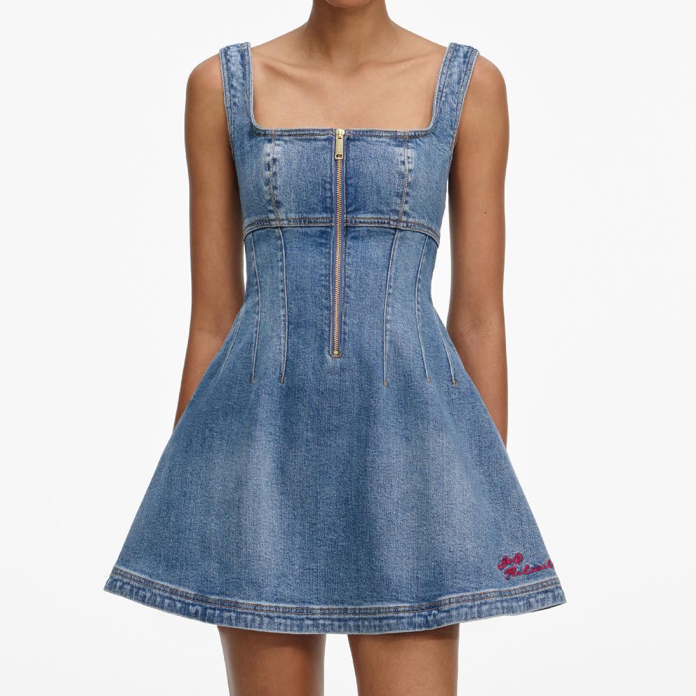 Self Portrait Denim Flared Logo Mini Dress CLOTHING