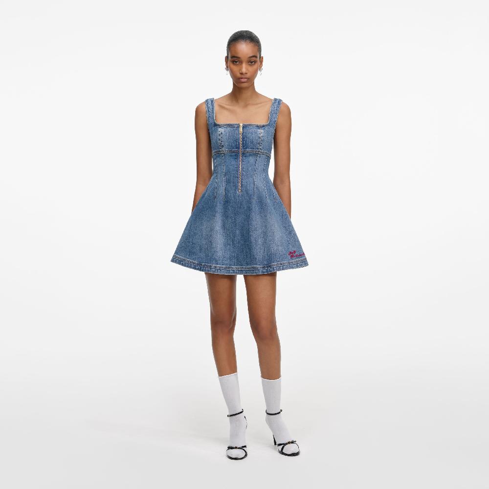 self portrait Denim Flared Logo Mini Dress CLOTHING