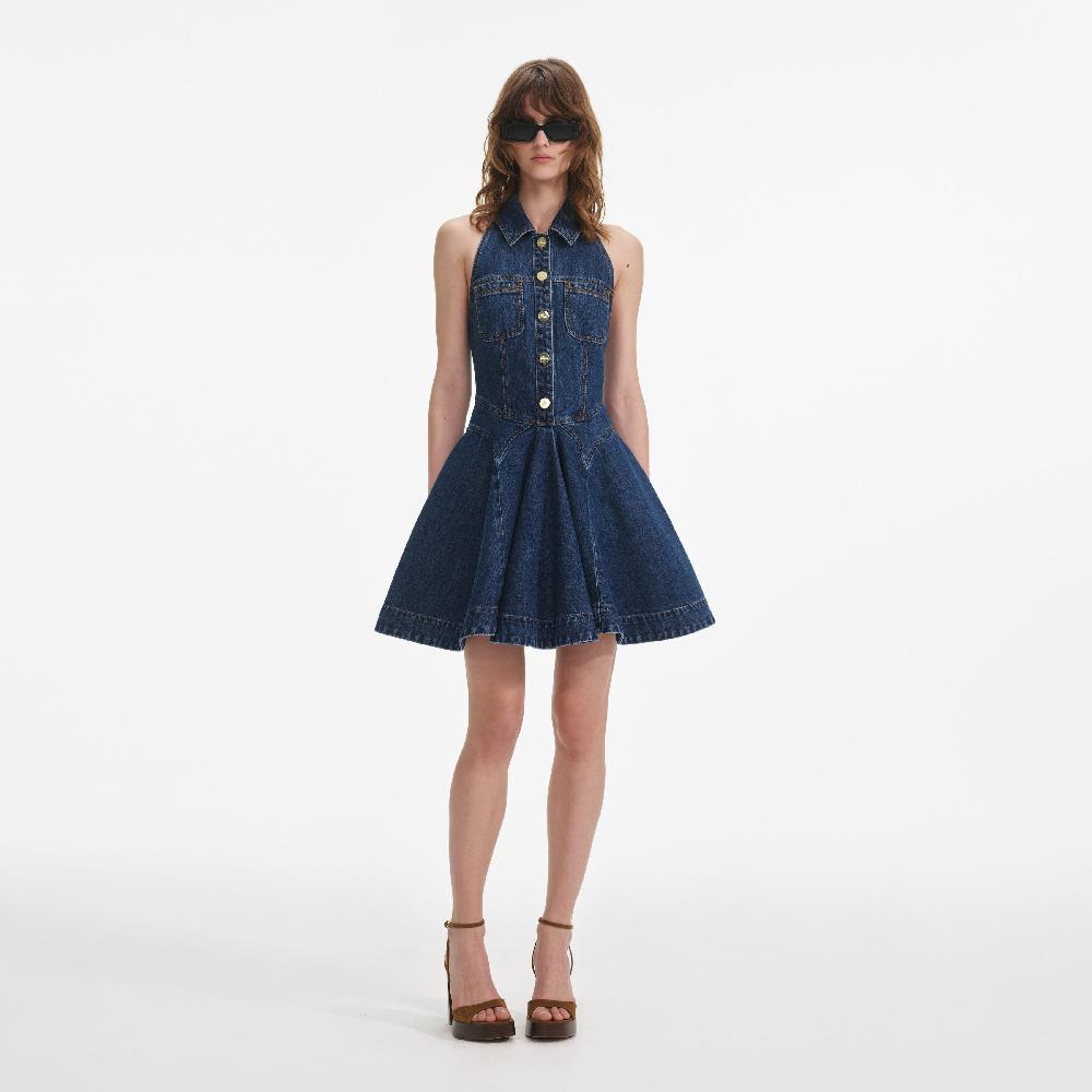 self portrait Denim Sleeveless Flared Mini Dress CLOTHING