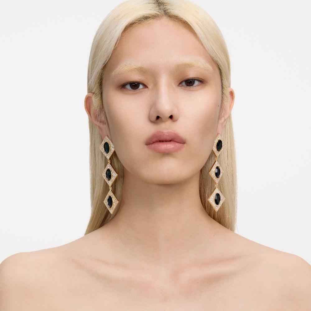 Self Portrait Gold Crystal Black Tiered Earrings JEWELLERY