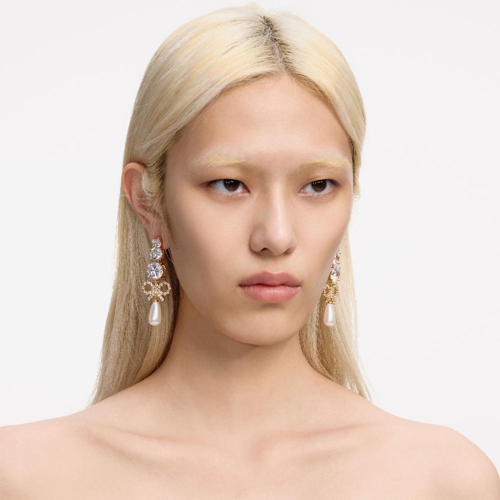 Self Portrait Gold Crystal Bow Pearl Earrings JEWELLERY