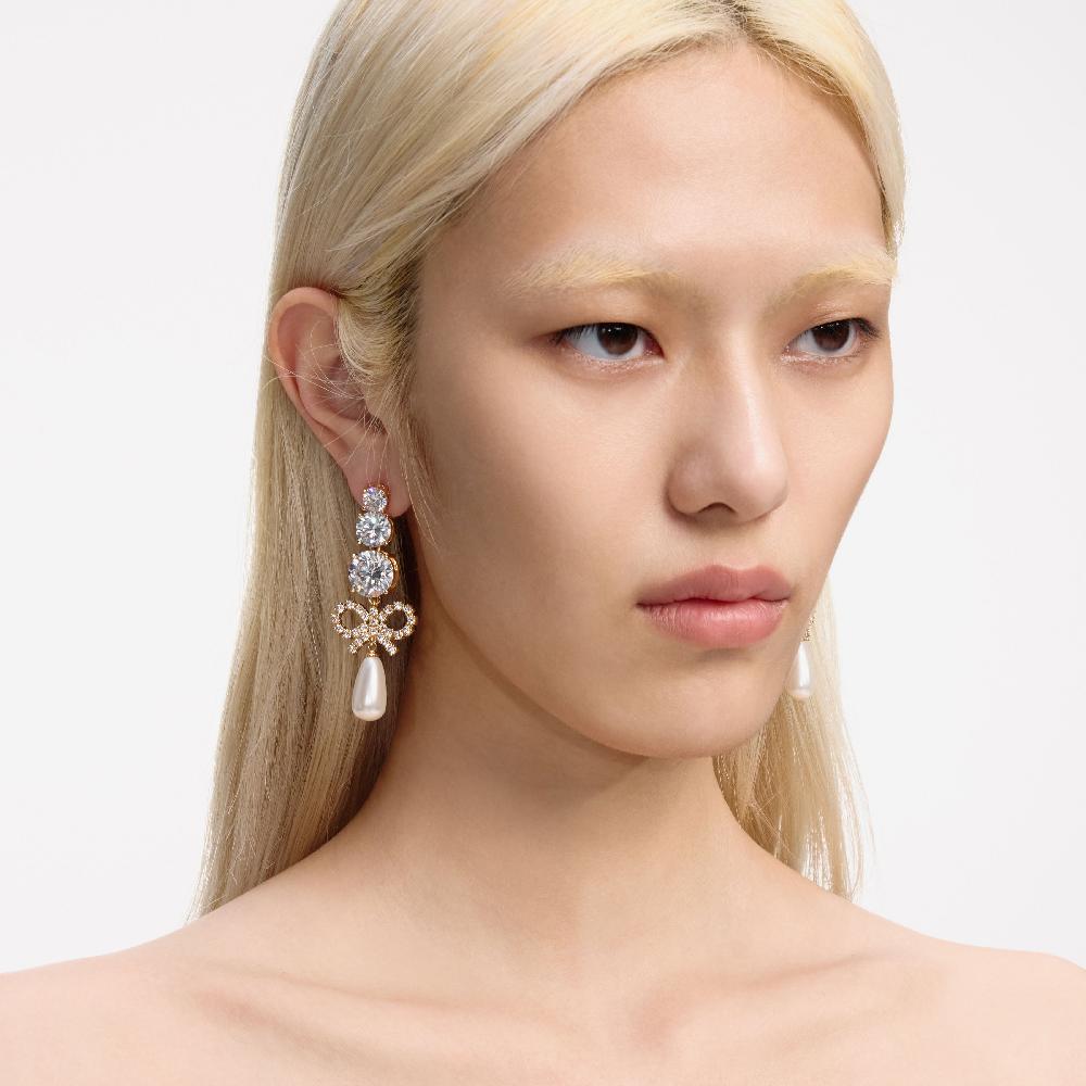 Self Portrait Gold Crystal Bow Pearl Earrings JEWELLERY