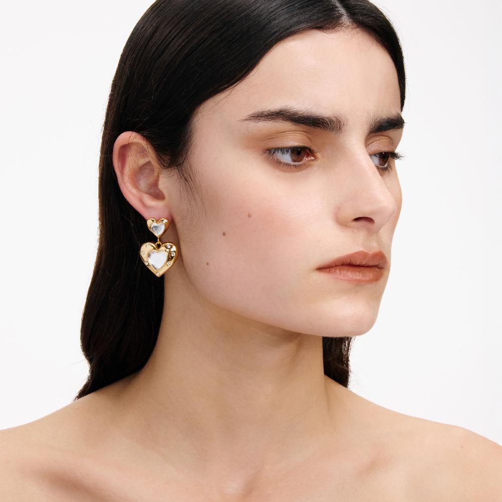 Self Portrait Gold Crystal Heart Tiered Earrings JEWELLERY
