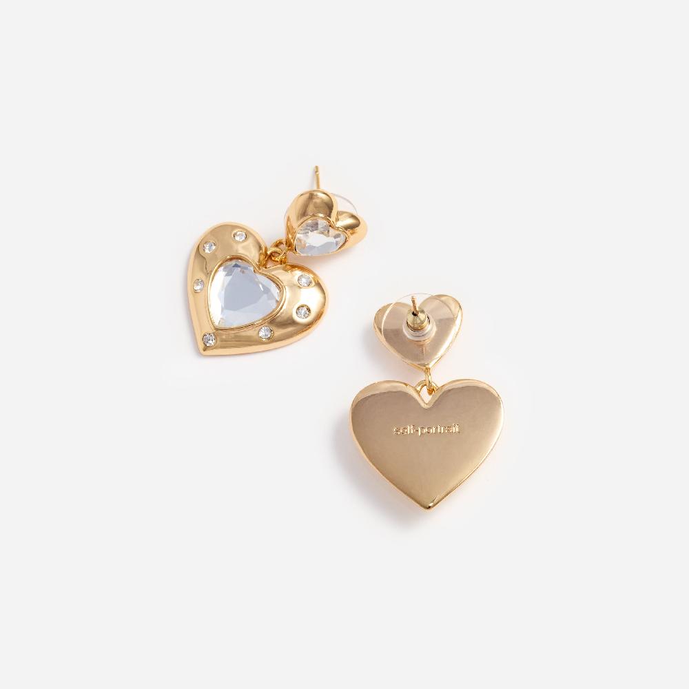 Self Portrait Gold Crystal Heart Tiered Earrings JEWELLERY