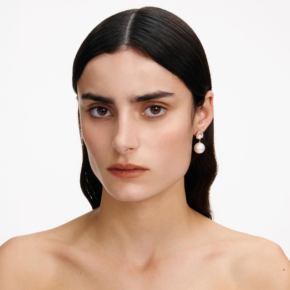 Self Portrait Gold Crystal Pearl Drop Earrings JEWELLERY