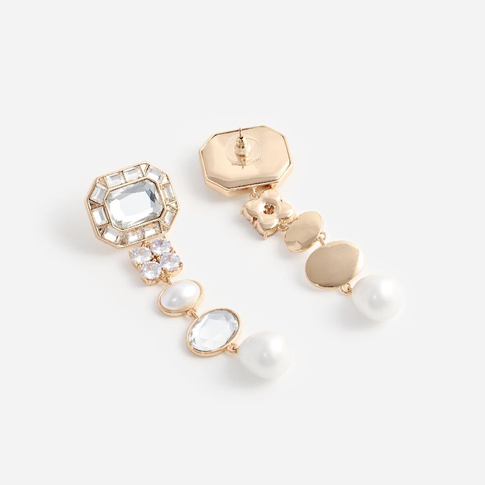 Self Portrait Gold Crystal Pearl Tiered Earrings JEWELLERY