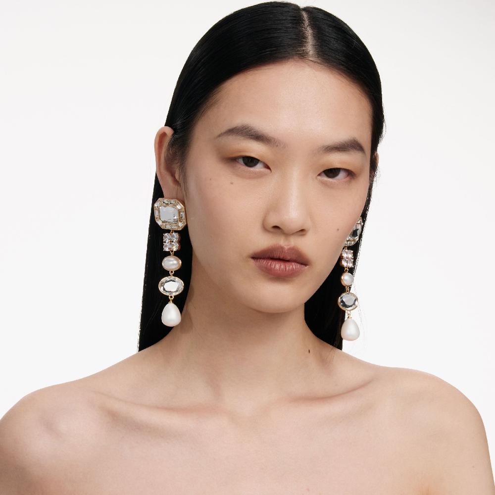 Self Portrait Gold Crystal Pearl Tiered Earrings JEWELLERY