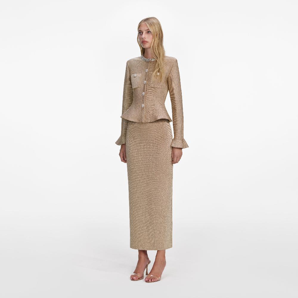 Self Portrait Gold Crystal Trim Knit Midi Dress CLOTHING