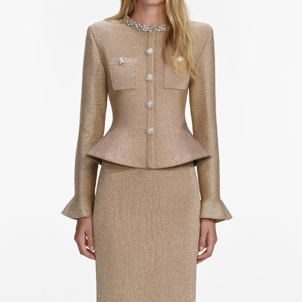 Self Portrait Gold Crystal Trim Knit Midi Dress CLOTHING