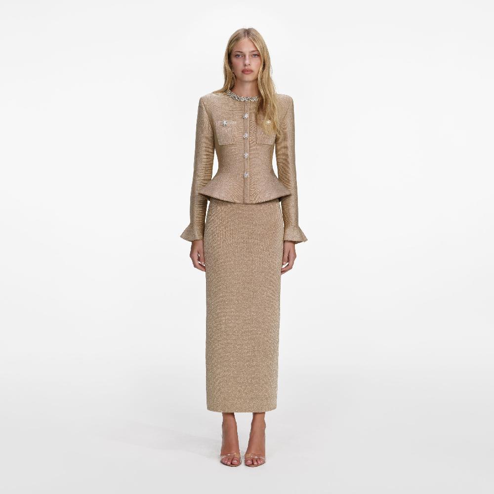 self portrait Gold Crystal Trim Knit Midi Dress CLOTHING