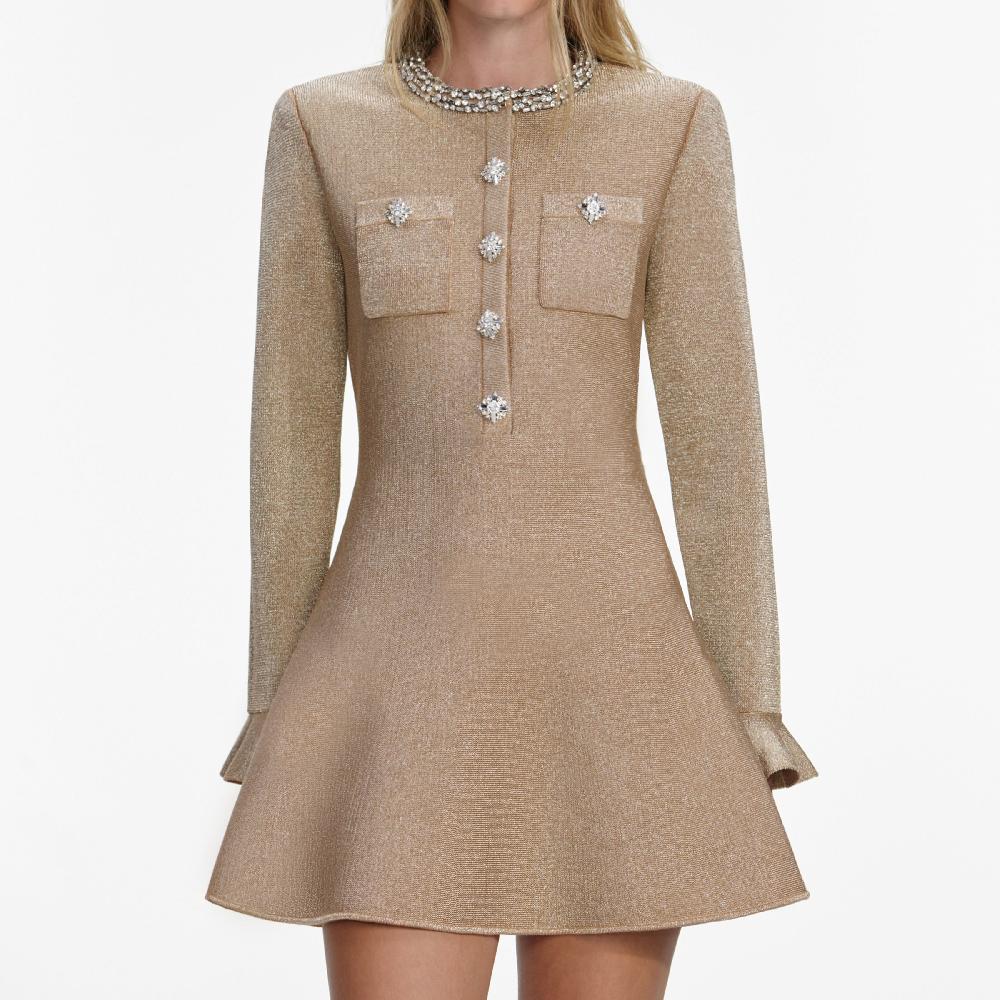 Self Portrait Gold Crystal Trim Knit Mini Dress CLOTHING