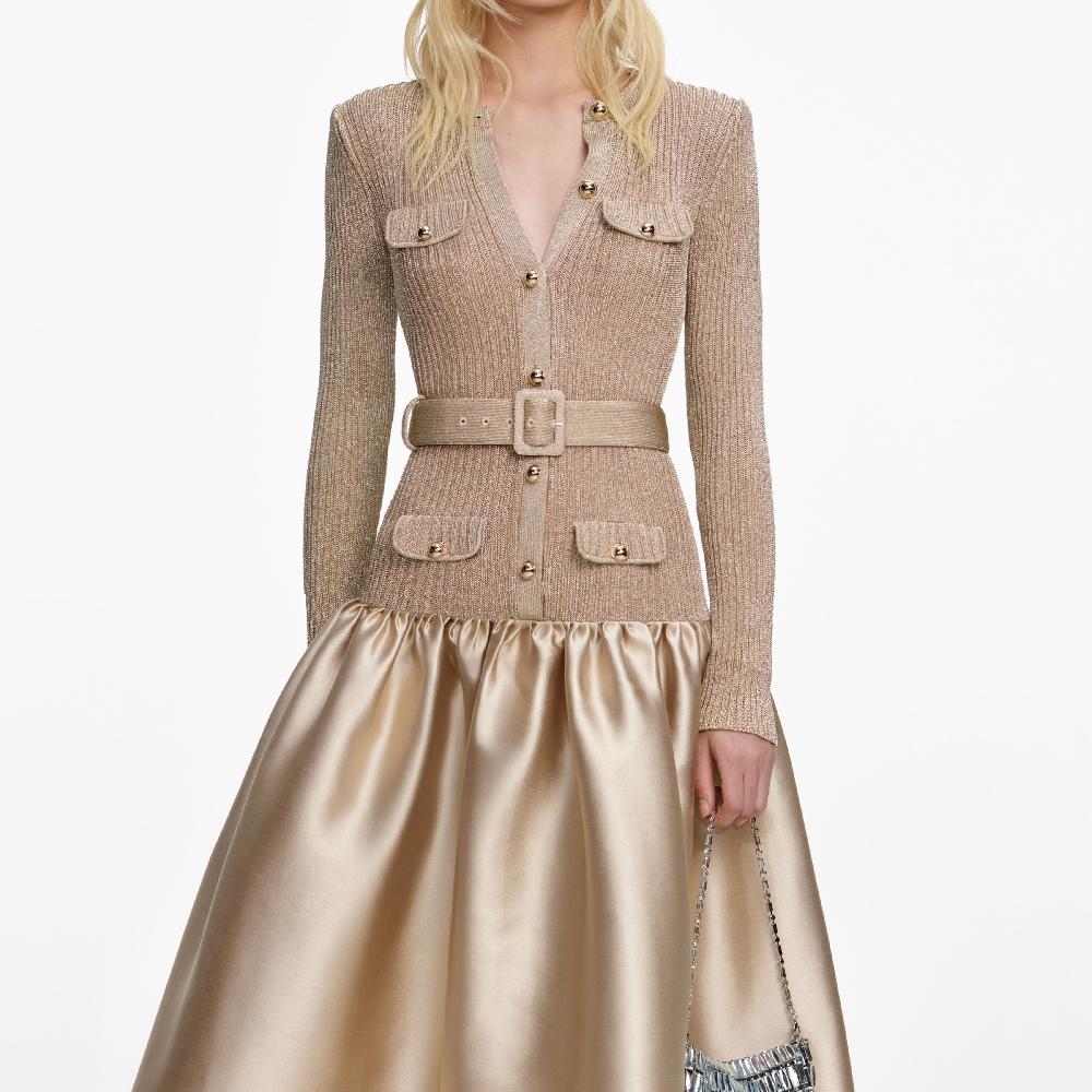 Self Portrait Gold Knit Taffeta Midi Dress CLOTHING