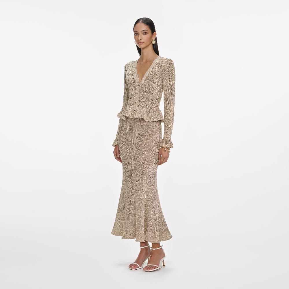 Self Portrait Gold Lurex Peplum Knit Midi Dress CLOTHING