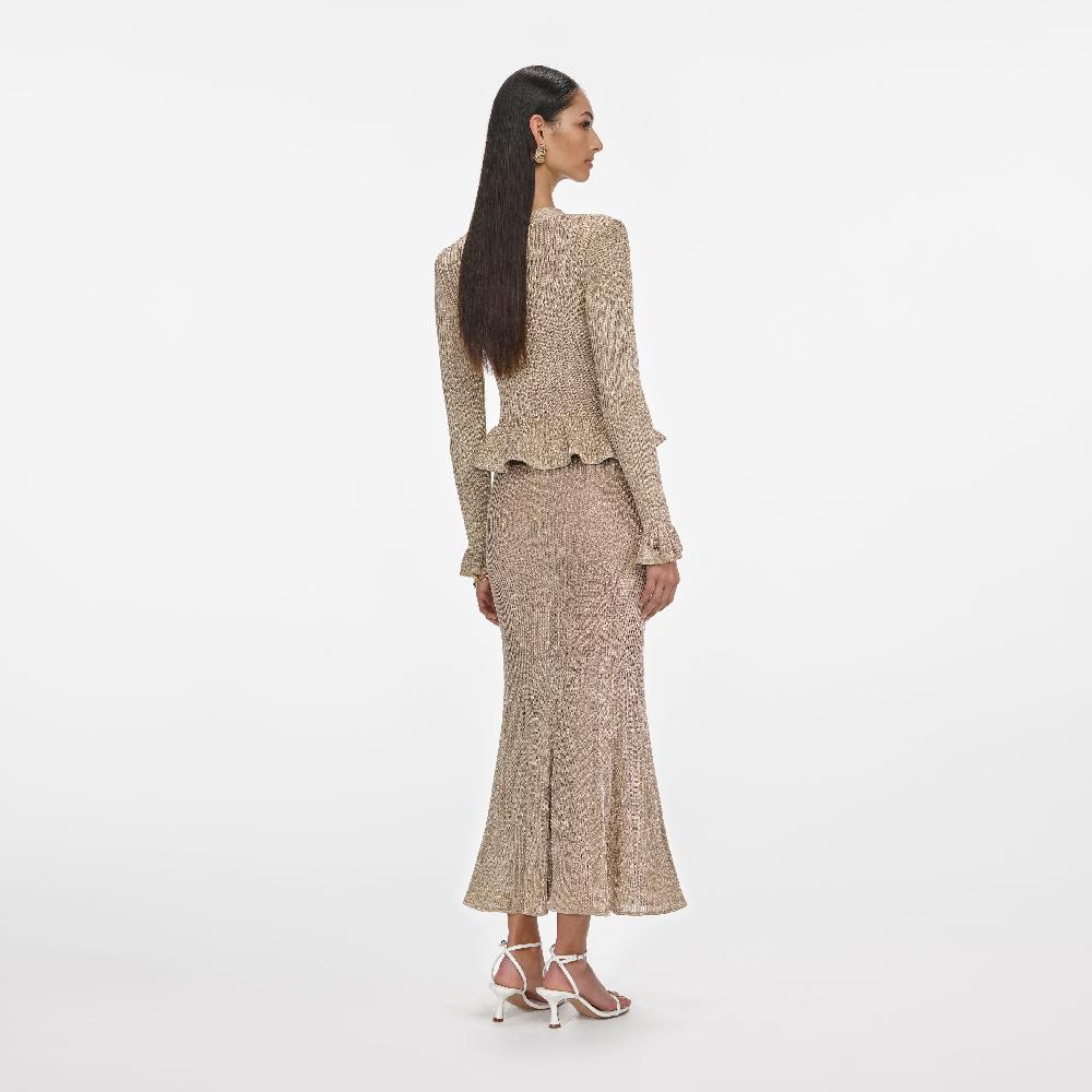 Self Portrait Gold Lurex Peplum Knit Midi Dress CLOTHING