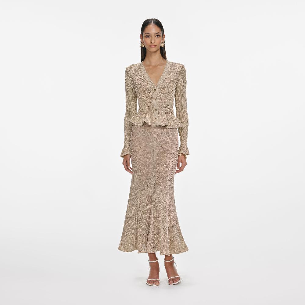 self portrait Gold Lurex Peplum Knit Midi Dress CLOTHING