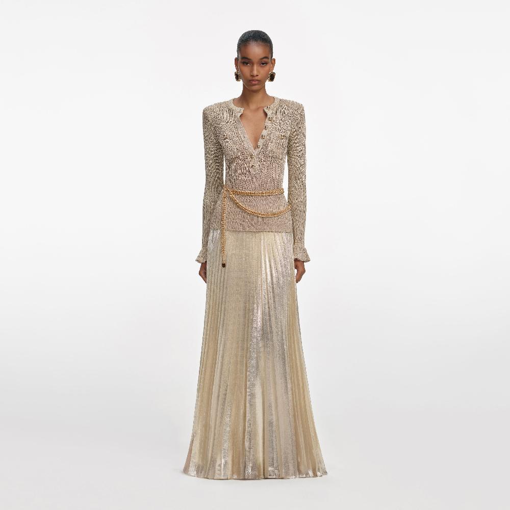 self portrait Gold Lurex Ribbed Knit Maxi Dress CLOTHING