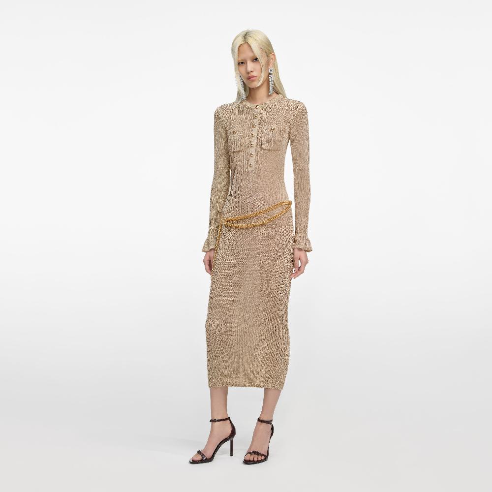 Self Portrait Gold Lurex Ribbed Knit Midi Dress CLOTHING