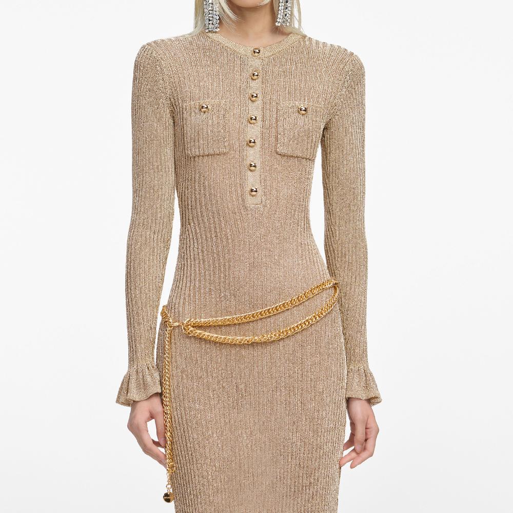 Self Portrait Gold Lurex Ribbed Knit Midi Dress CLOTHING
