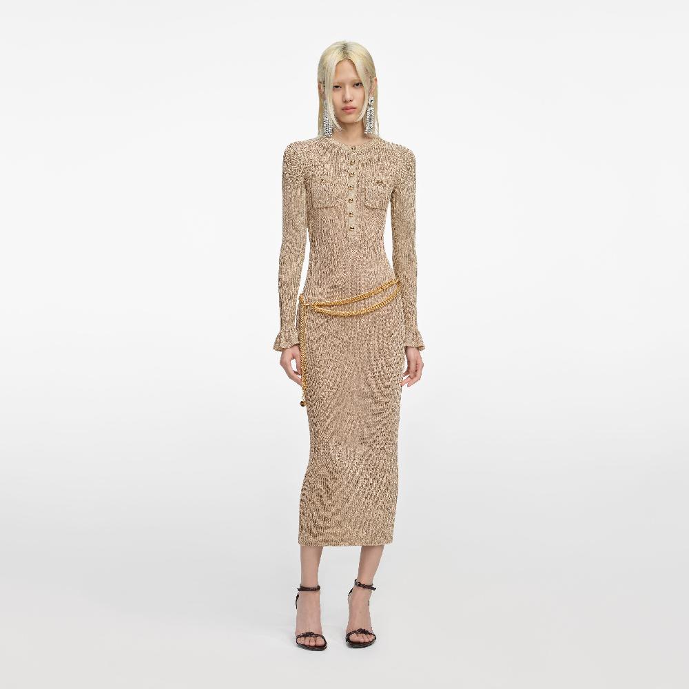 self portrait Gold Lurex Ribbed Knit Midi Dress CLOTHING