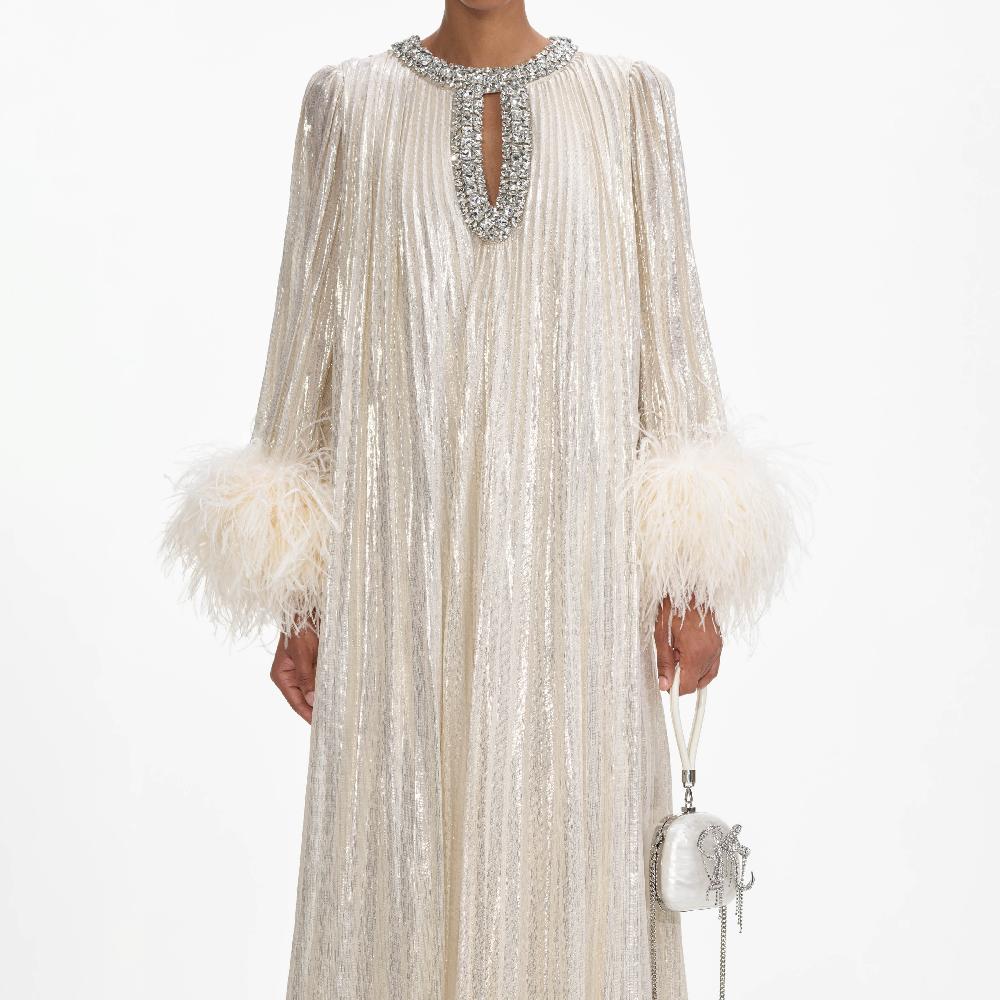 Self Portrait Gold Metallic Feather Maxi Dress CLOTHING