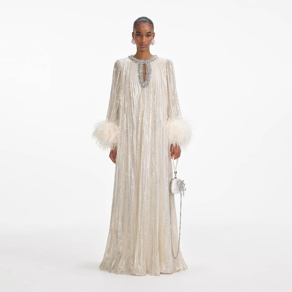 Self Portrait Gold Metallic Feather Maxi Dress CLOTHING