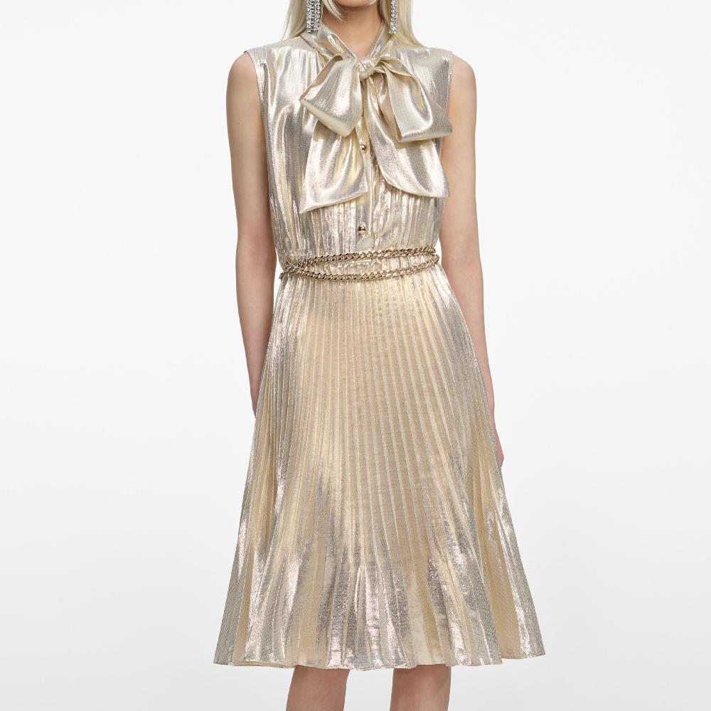 Self Portrait Gold Metallic Sleeveless Midi Dress CLOTHING