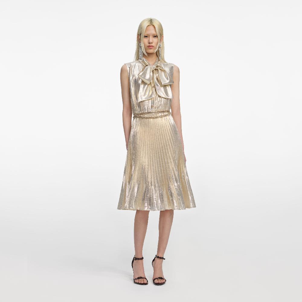self portrait Gold Metallic Sleeveless Midi Dress CLOTHING