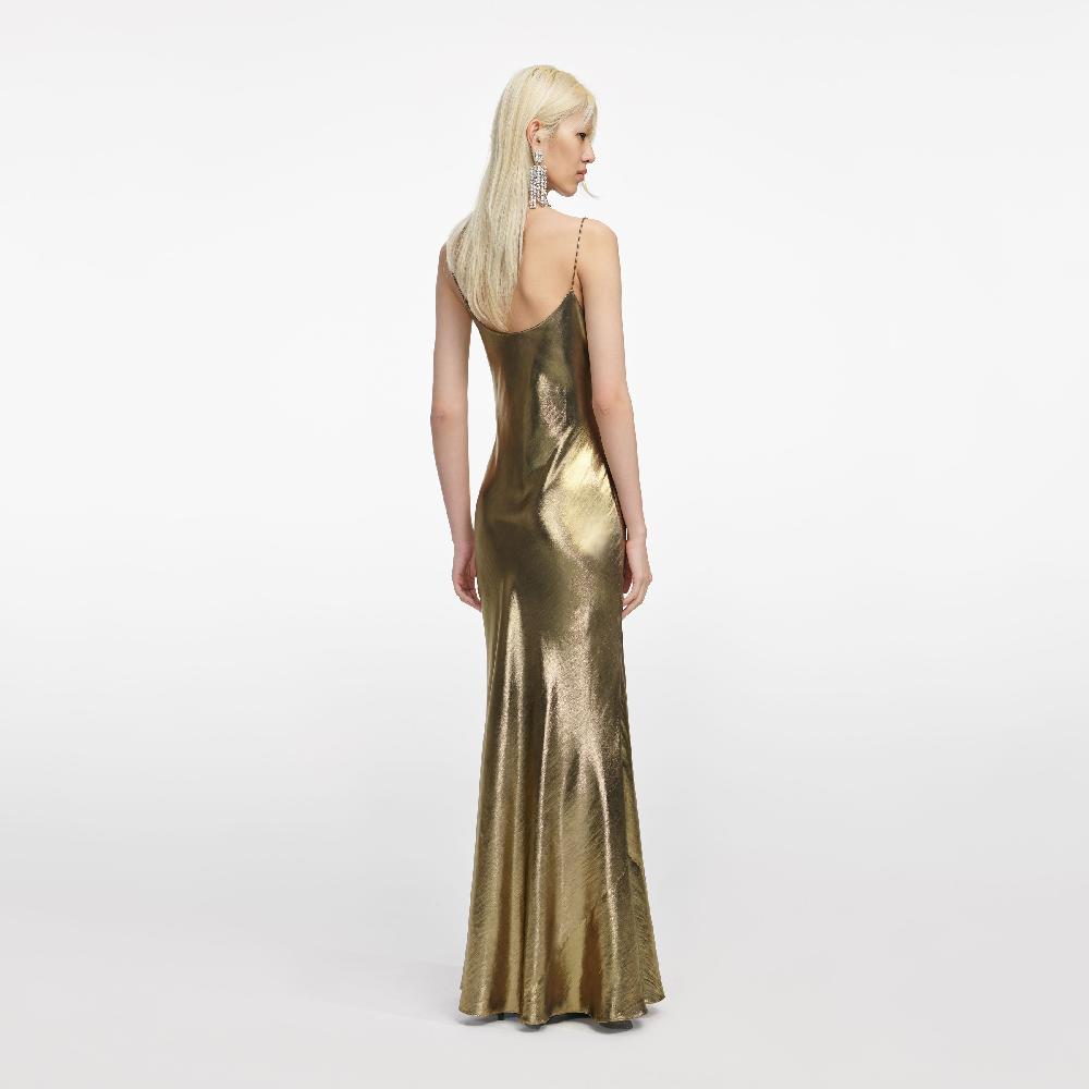 Self Portrait Gold Metallic Strappy Maxi Dress CLOTHING