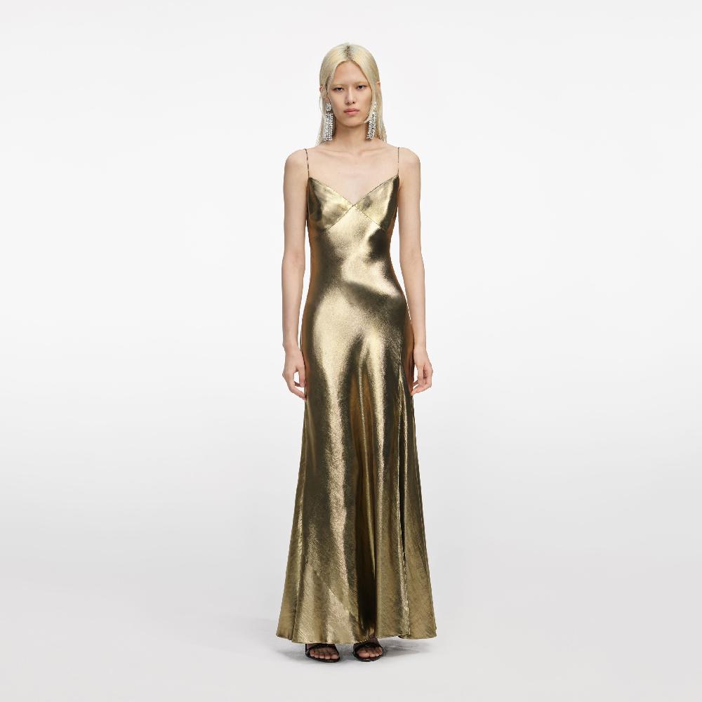 self portrait Gold Metallic Strappy Maxi Dress CLOTHING