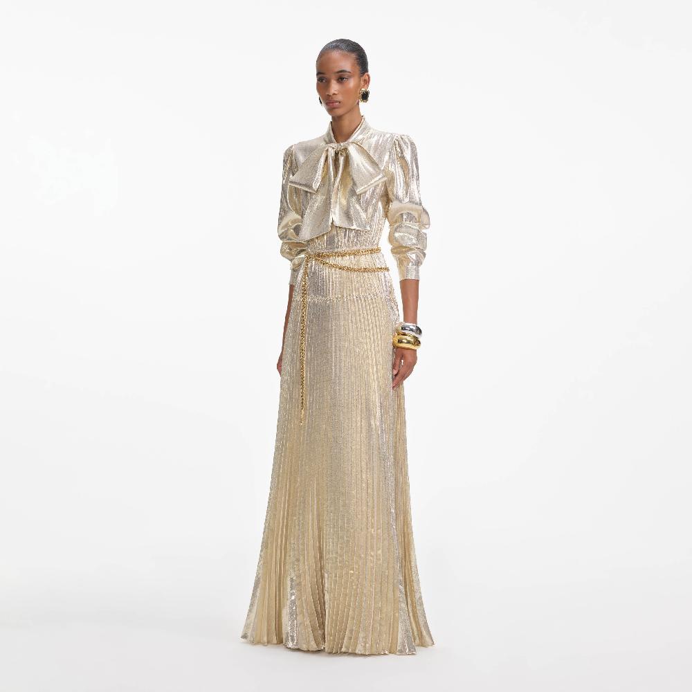 Self Portrait Gold Metallic Tie Neck Maxi Dress CLOTHING