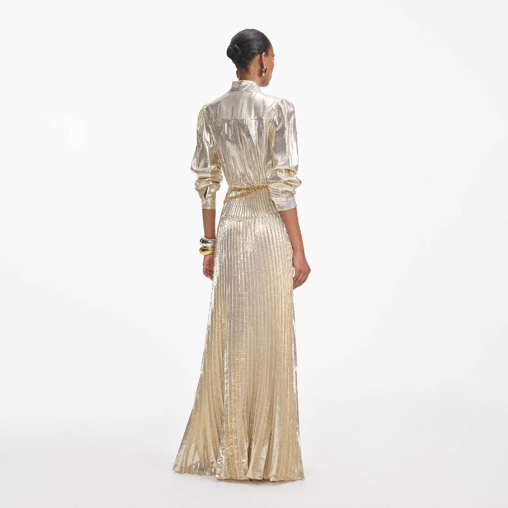 Self Portrait Gold Metallic Tie Neck Maxi Dress CLOTHING