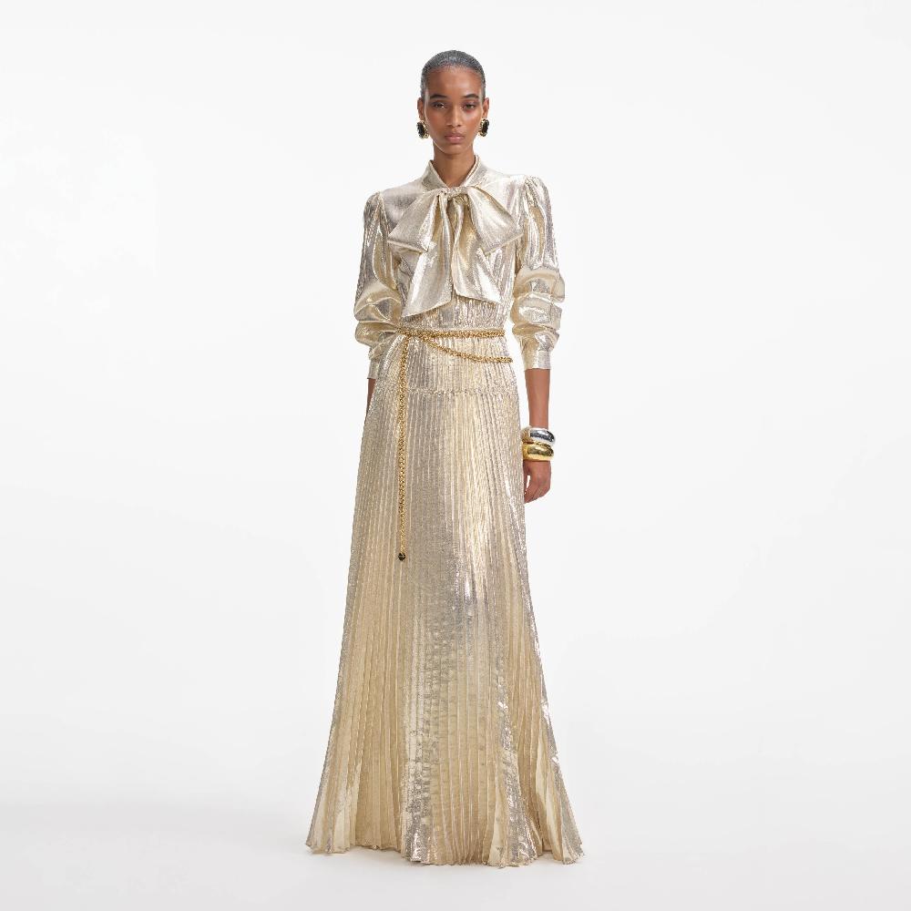 self portrait Gold Metallic Tie Neck Maxi Dress CLOTHING