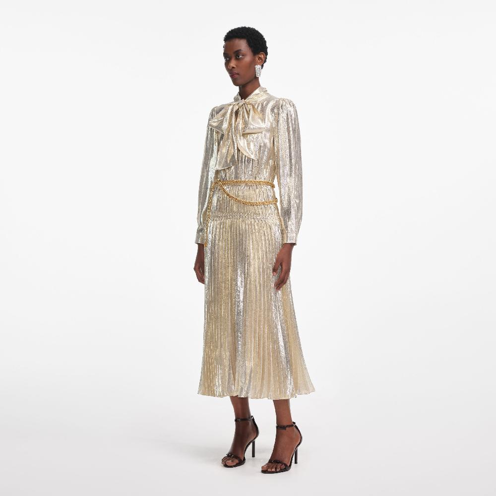 Self Portrait Gold Metallic Tie Neck Midi Dress CLOTHING