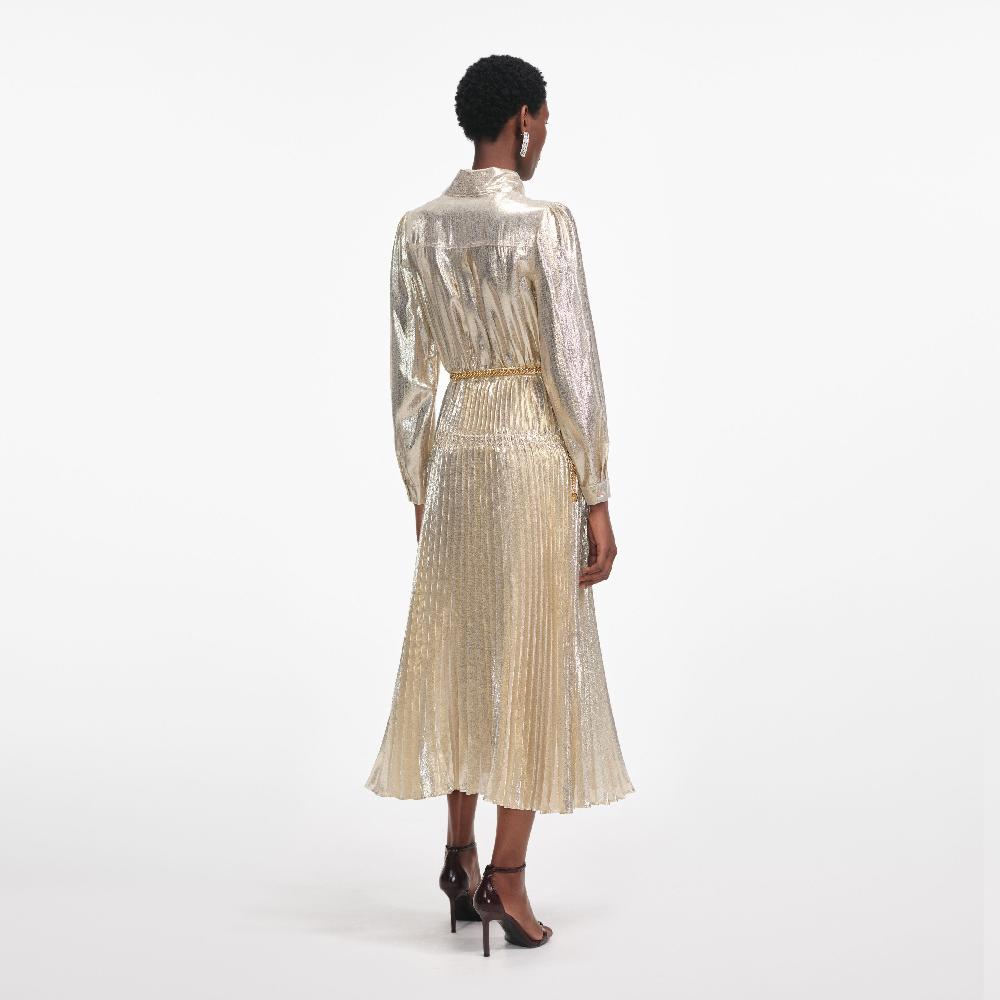 Self Portrait Gold Metallic Tie Neck Midi Dress CLOTHING