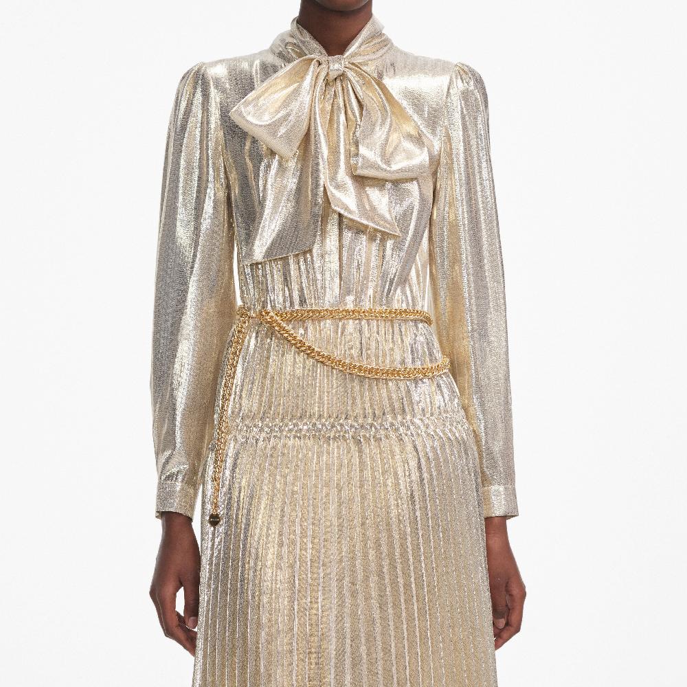 Self Portrait Gold Metallic Tie Neck Midi Dress CLOTHING