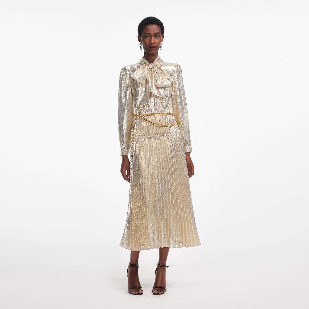 self portrait Gold Metallic Tie Neck Midi Dress CLOTHING