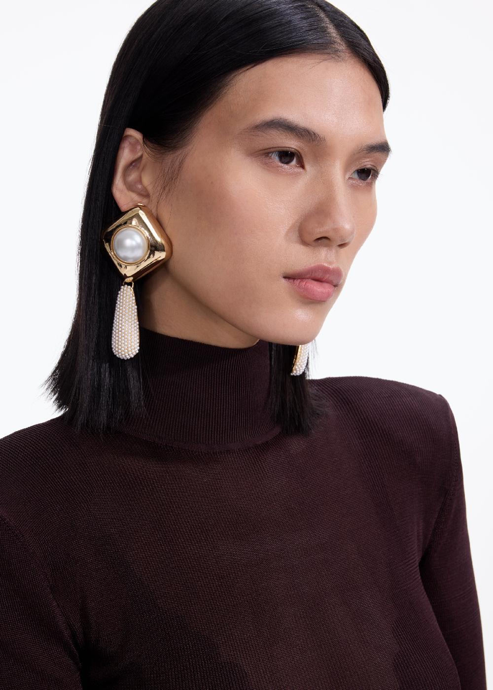 Self Portrait Gold Pearl Crystal Bar Earrings JEWELLERY