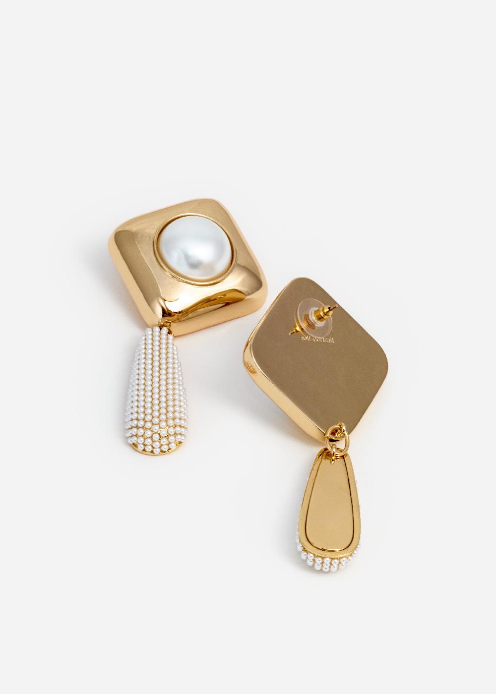 Self Portrait Gold Pearl Crystal Bar Earrings JEWELLERY