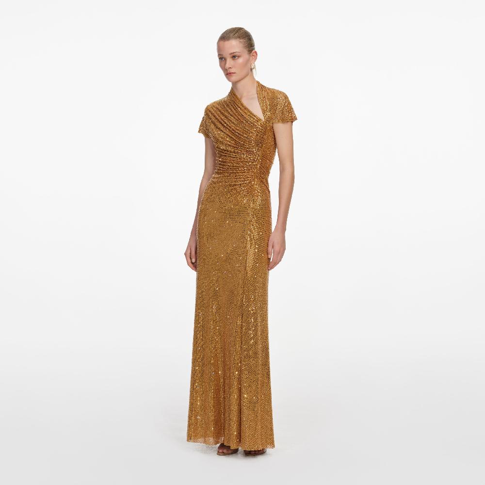 Self Portrait Gold Rhinestone Drape Maxi Dress CLOTHING