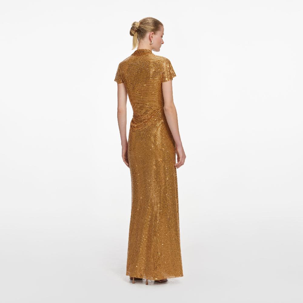 Self Portrait Gold Rhinestone Drape Maxi Dress CLOTHING
