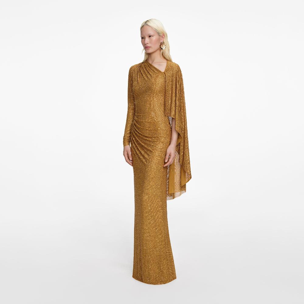 Self Portrait Gold Rhinestone Drape Maxi Dress CLOTHING