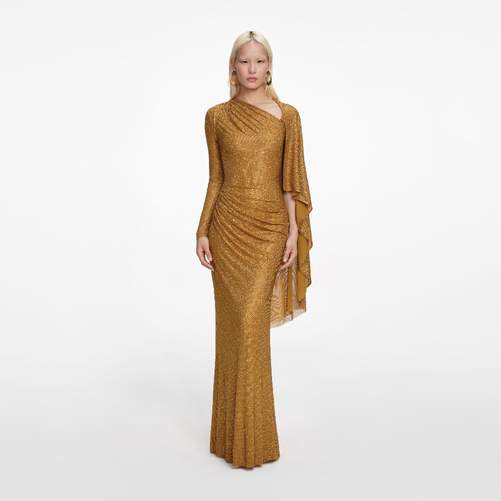 self portrait Gold Rhinestone Drape Maxi Dress CLOTHING