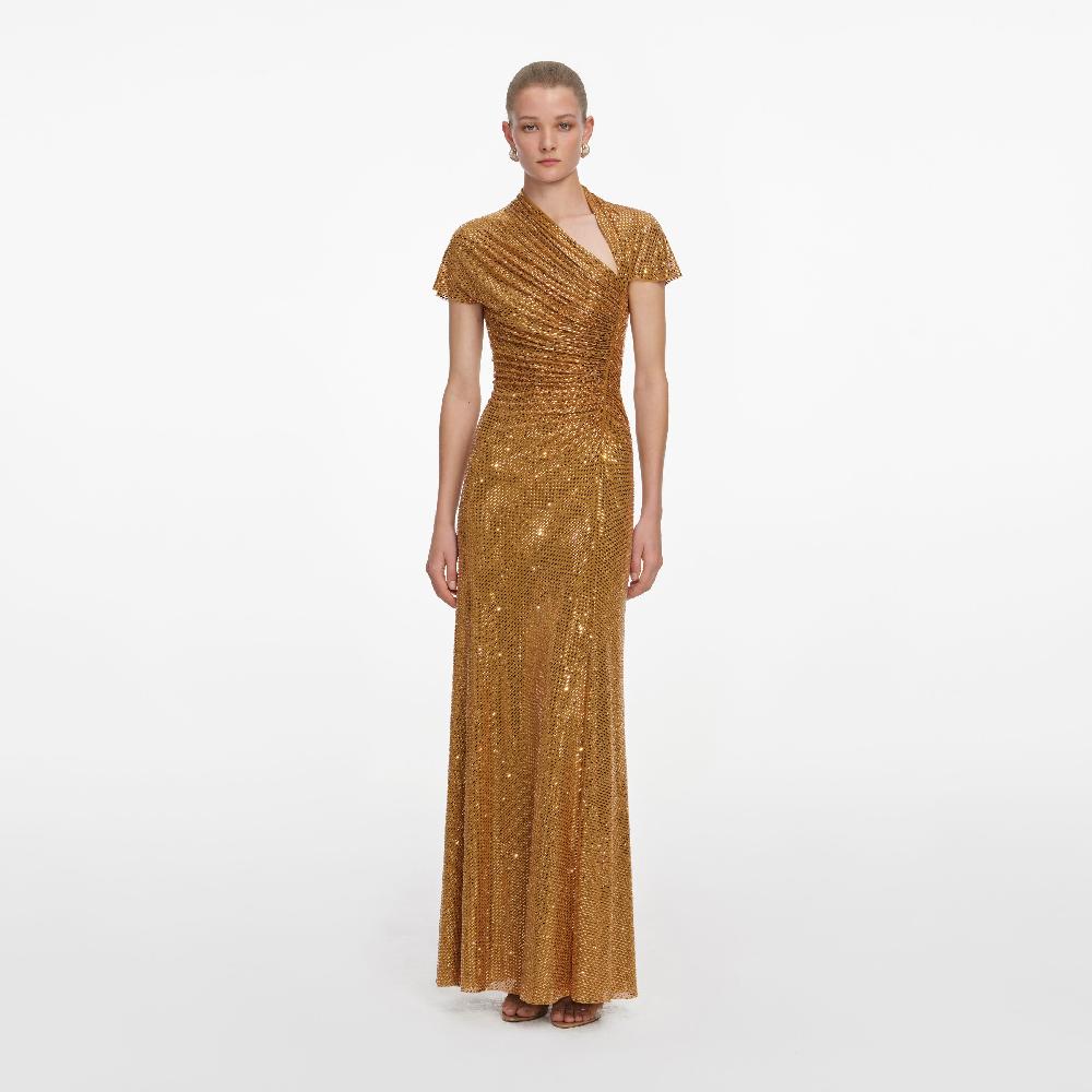 self portrait Gold Rhinestone Drape Maxi Dress CLOTHING
