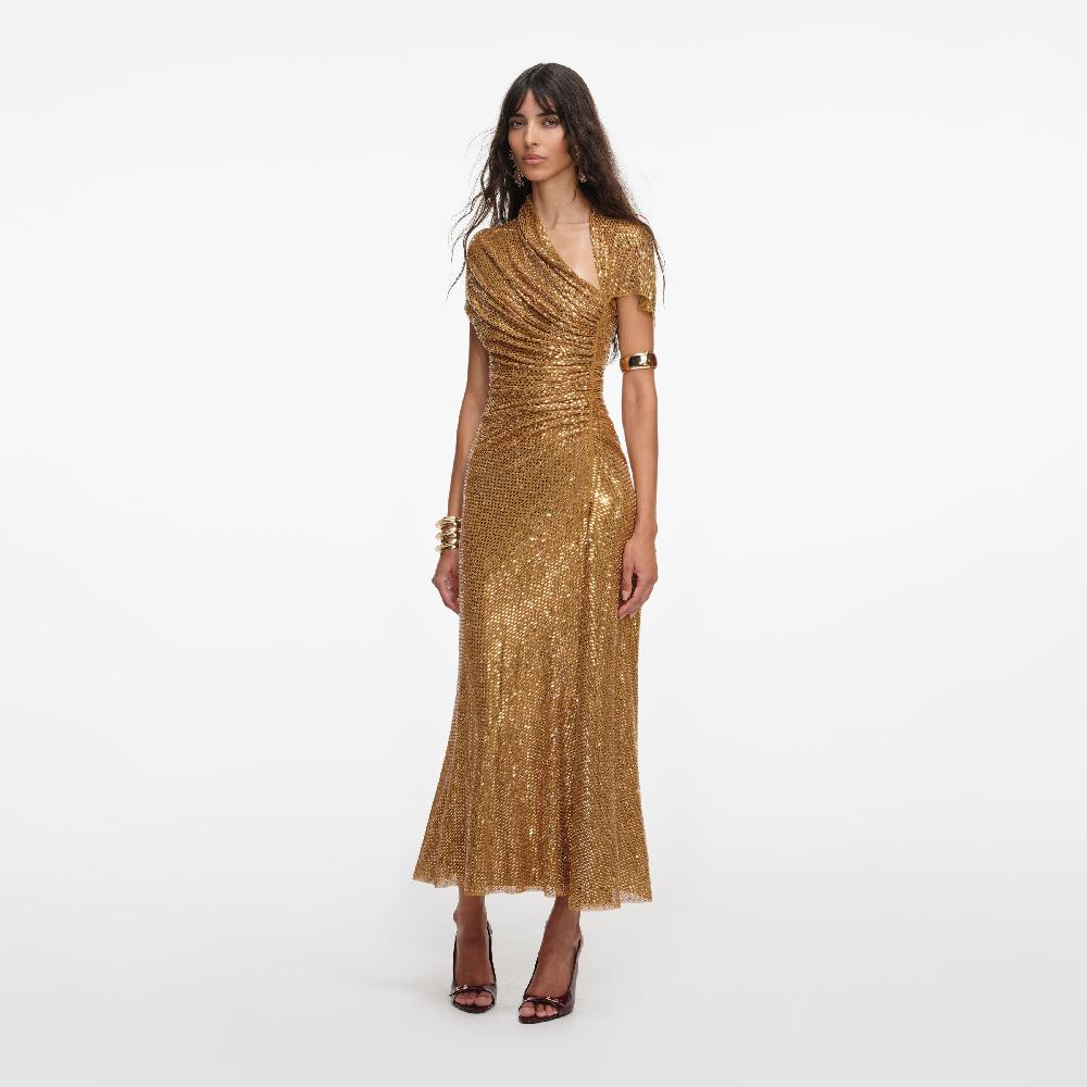 Self Portrait Gold Rhinestone Drape Midi Dress CLOTHING