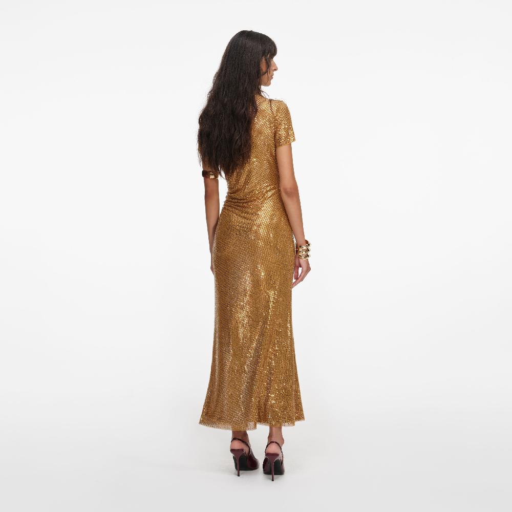 Self Portrait Gold Rhinestone Drape Midi Dress CLOTHING