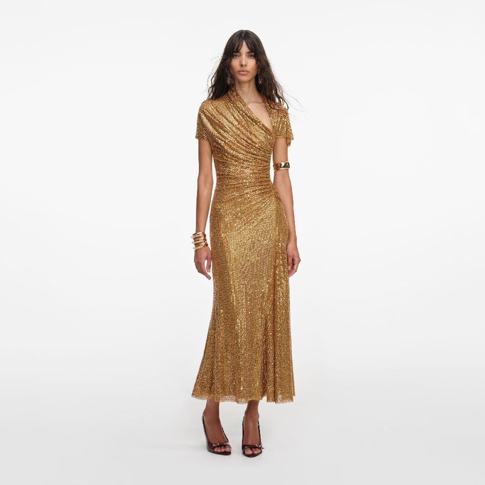 self portrait Gold Rhinestone Drape Midi Dress CLOTHING