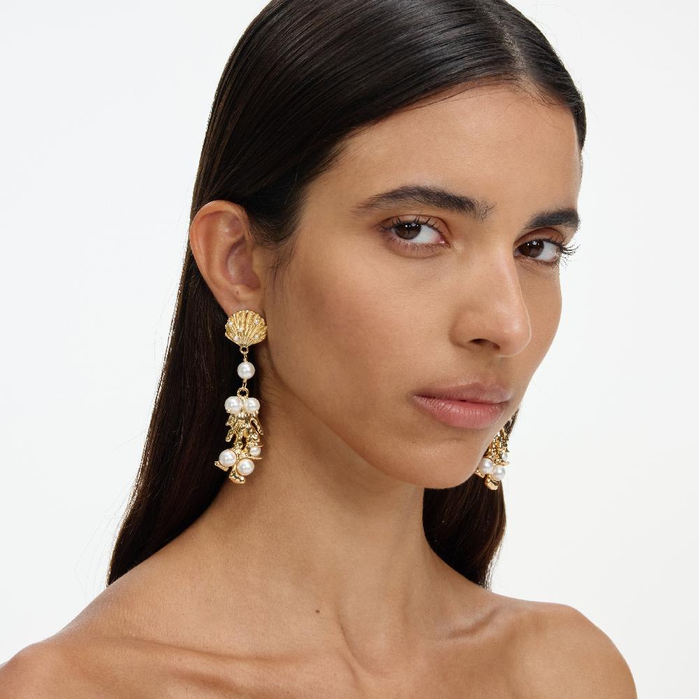 Self Portrait Gold Shell Pearl Coral Earrings JEWELLERY