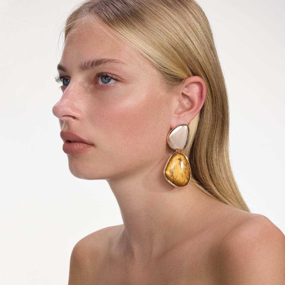 Self Portrait Gold Tiger Eye Tiered Earrings JEWELLERY